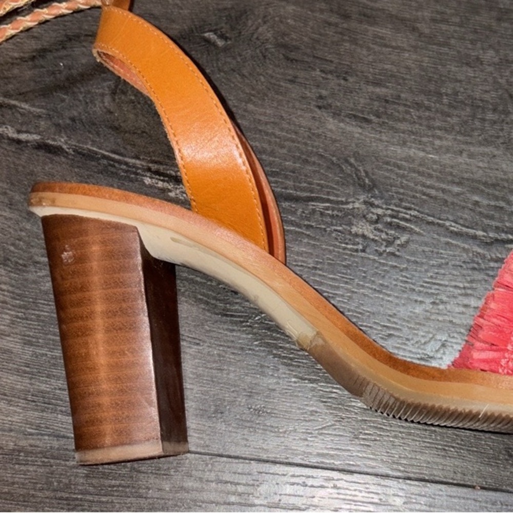 J. Crew Raffia Ankle Tie Block Heel Sandal Size 7 Tan/Pink/Gold - Picture 10 of 15
